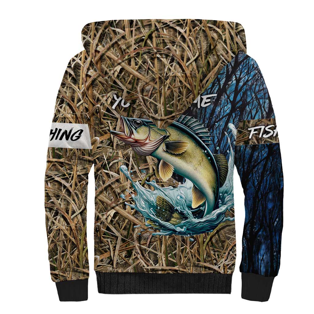 Personalized Walleye Splash Sherpa Hoodie Camo Reeds and Night Forest Fishing Theme - Wonder Print Shop