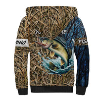Personalized Walleye Splash Sherpa Hoodie Camo Reeds and Night Forest Fishing Theme - Wonder Print Shop