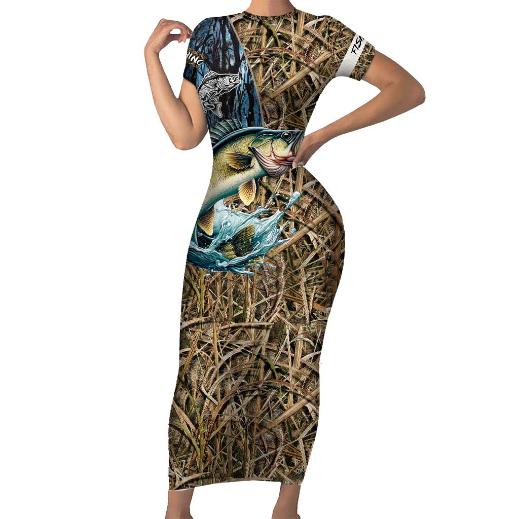 Personalized Walleye Splash Short Sleeve Bodycon Dress Camo Reeds and Night Forest Fishing Theme - Wonder Print Shop