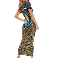 Personalized Walleye Splash Short Sleeve Bodycon Dress Camo Reeds and Night Forest Fishing Theme - Wonder Print Shop