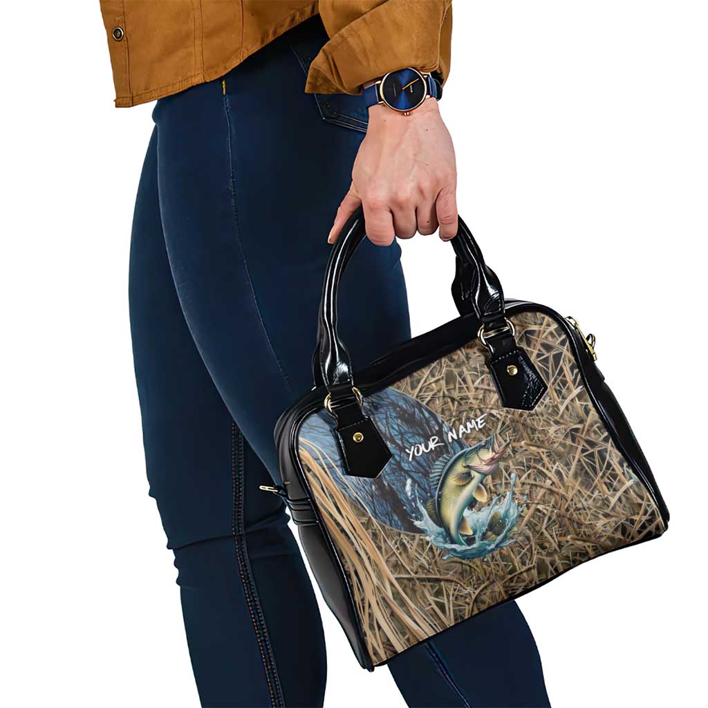Personalized Walleye Splash Shoulder Handbag Camo Reeds and Night Forest Fishing Theme TS04