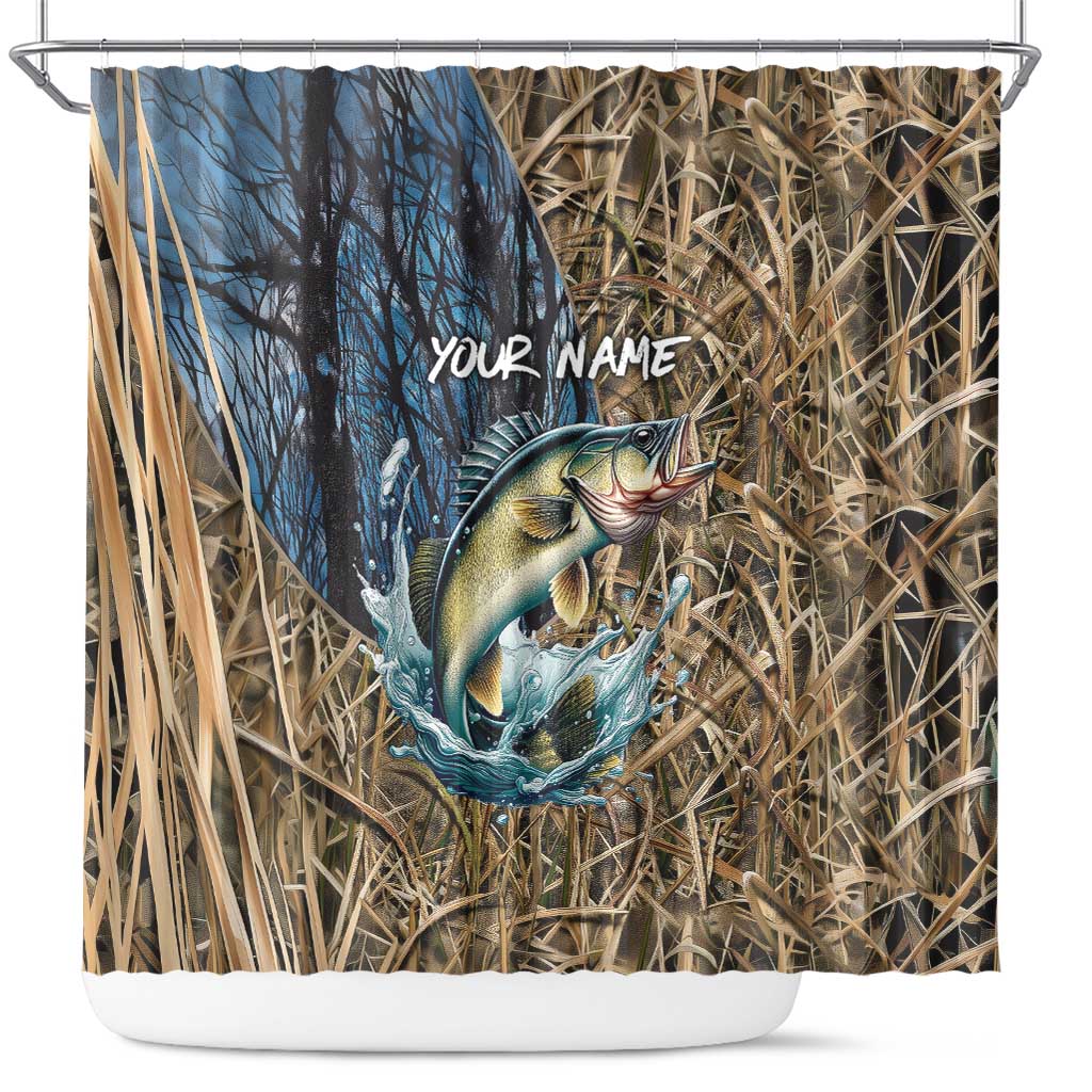 Personalized Walleye Splash Shower Curtain Camo Reeds and Night Forest Fishing Theme TS04