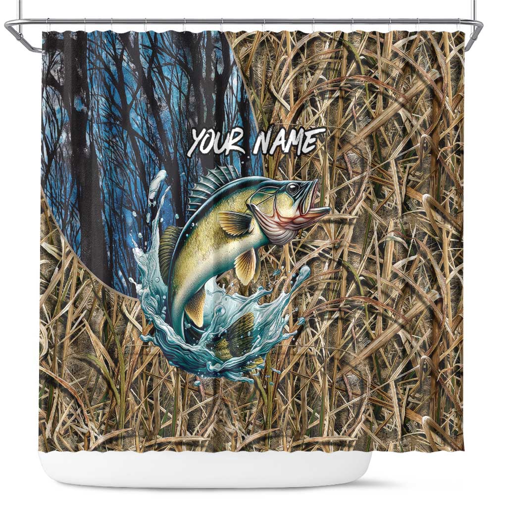 Personalized Walleye Splash Shower Curtain Camo Reeds and Night Forest Fishing Theme - Wonder Print Shop