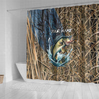 Personalized Walleye Splash Shower Curtain Camo Reeds and Night Forest Fishing Theme TS04
