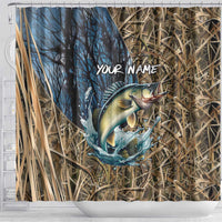 Personalized Walleye Splash Shower Curtain Camo Reeds and Night Forest Fishing Theme TS04