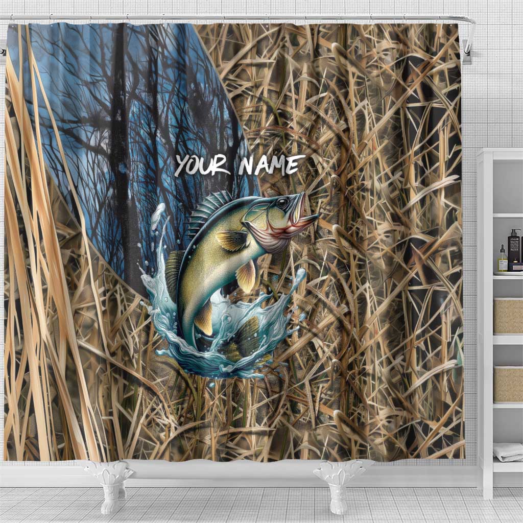 Personalized Walleye Splash Shower Curtain Camo Reeds and Night Forest Fishing Theme TS04