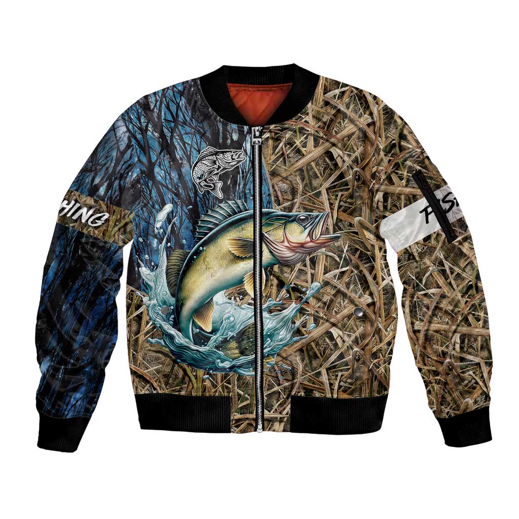 Personalized Walleye Splash Sleeve Zip Bomber Jacket Camo Reeds and Night Forest Fishing Theme - Wonder Print Shop