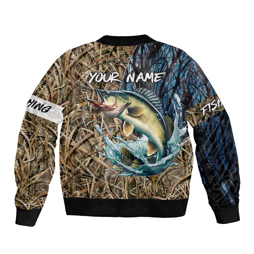 Personalized Walleye Splash Sleeve Zip Bomber Jacket Camo Reeds and Night Forest Fishing Theme - Wonder Print Shop