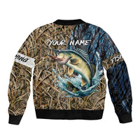 Personalized Walleye Splash Sleeve Zip Bomber Jacket Camo Reeds and Night Forest Fishing Theme - Wonder Print Shop
