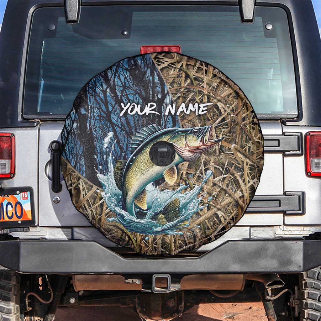 Personalized Walleye Splash Spare Tire Cover Camo Reeds and Night Forest Fishing Theme TS04