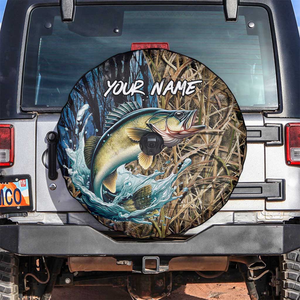Personalized Walleye Splash Spare Tire Cover Camo Reeds and Night Forest Fishing Theme - Wonder Print Shop