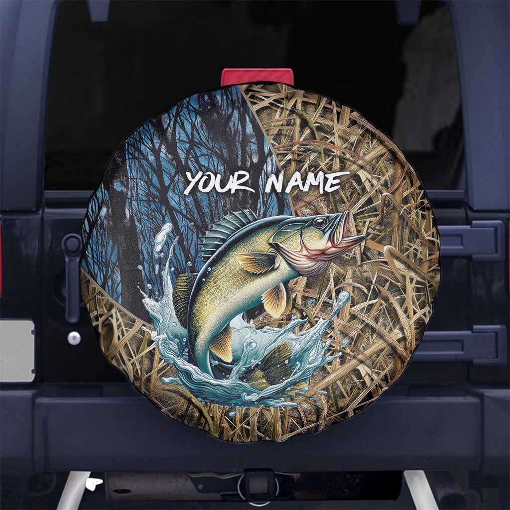 Personalized Walleye Splash Spare Tire Cover Camo Reeds and Night Forest Fishing Theme TS04