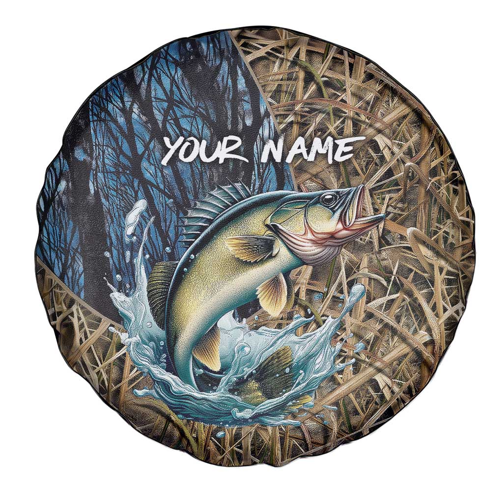 Personalized Walleye Splash Spare Tire Cover Camo Reeds and Night Forest Fishing Theme TS04