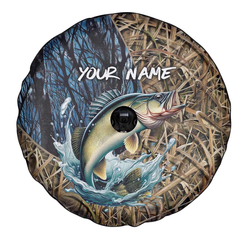 Personalized Walleye Splash Spare Tire Cover Camo Reeds and Night Forest Fishing Theme TS04