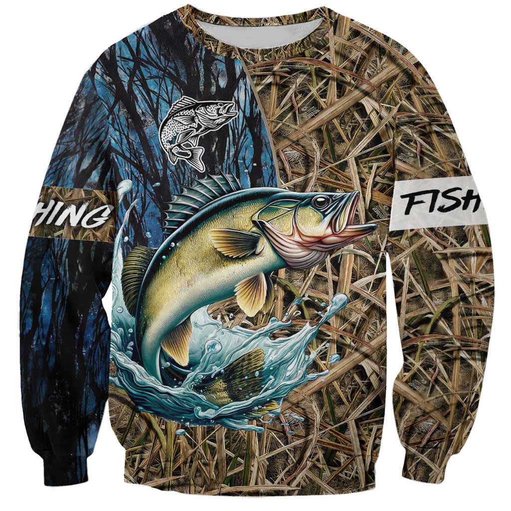 Personalized Walleye Splash Sweatshirt Camo Reeds and Night Forest Fishing Theme - Wonder Print Shop