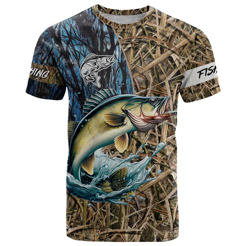 Personalized Walleye Splash T Shirt Camo Reeds and Night Forest Fishing Theme - Wonder Print Shop