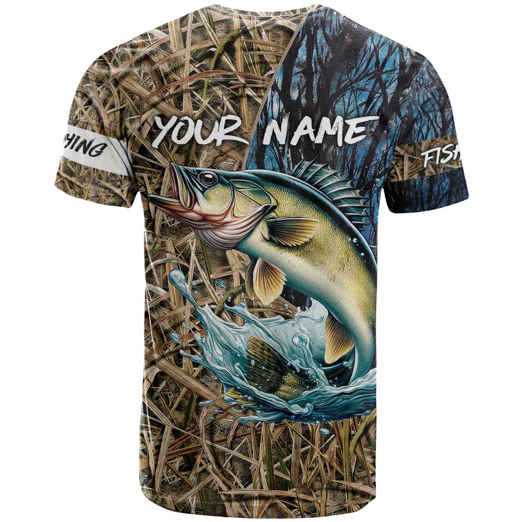 Personalized Walleye Splash T Shirt Camo Reeds and Night Forest Fishing Theme - Wonder Print Shop
