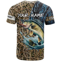 Personalized Walleye Splash T Shirt Camo Reeds and Night Forest Fishing Theme - Wonder Print Shop