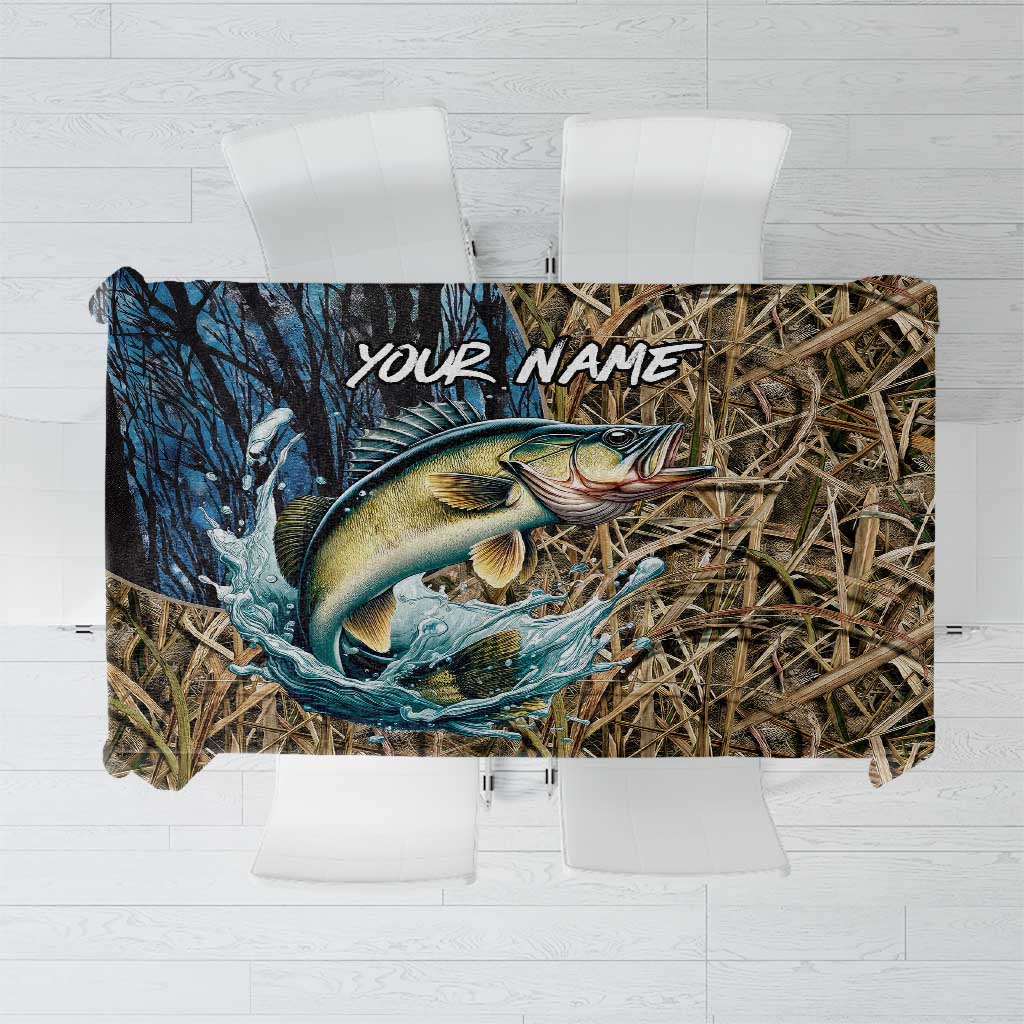 Personalized Walleye Splash Tablecloth Camo Reeds and Night Forest Fishing Theme - Wonder Print Shop
