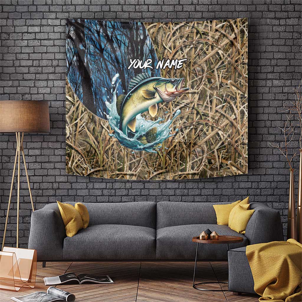 Personalized Walleye Splash Tapestry Camo Reeds and Night Forest Fishing Theme - Wonder Print Shop