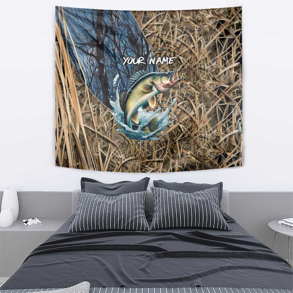 Personalized Walleye Splash Tapestry Camo Reeds and Night Forest Fishing Theme TS04