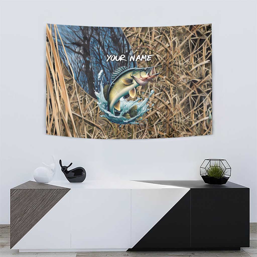 Personalized Walleye Splash Tapestry Camo Reeds and Night Forest Fishing Theme TS04