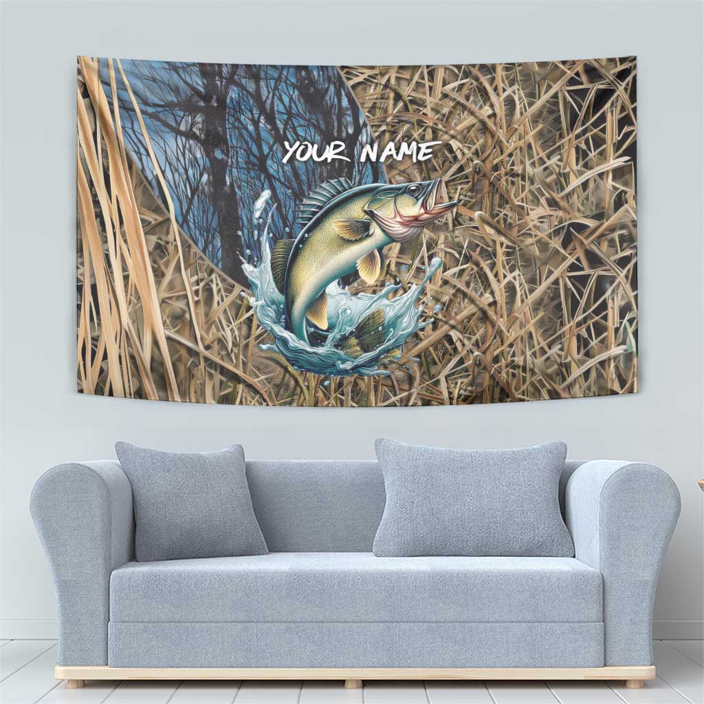 Personalized Walleye Splash Tapestry Camo Reeds and Night Forest Fishing Theme TS04