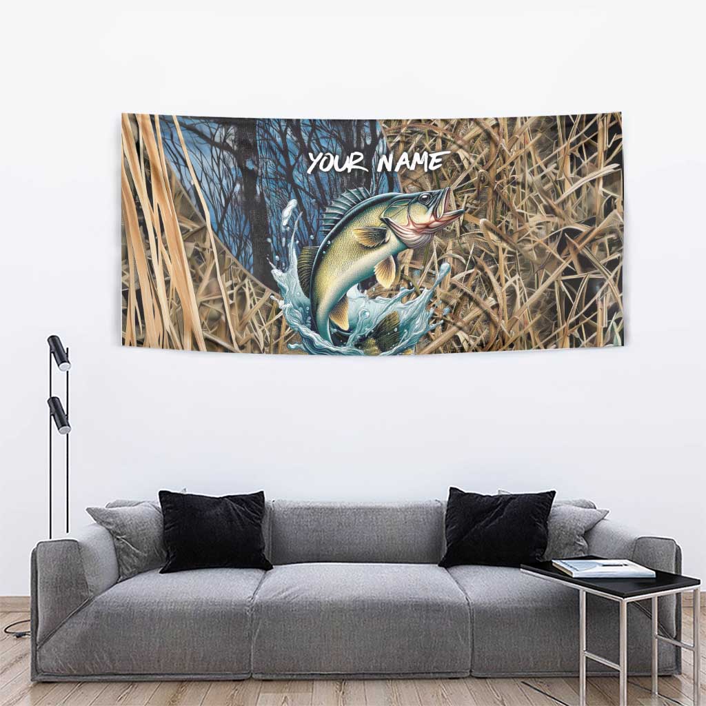 Personalized Walleye Splash Tapestry Camo Reeds and Night Forest Fishing Theme TS04