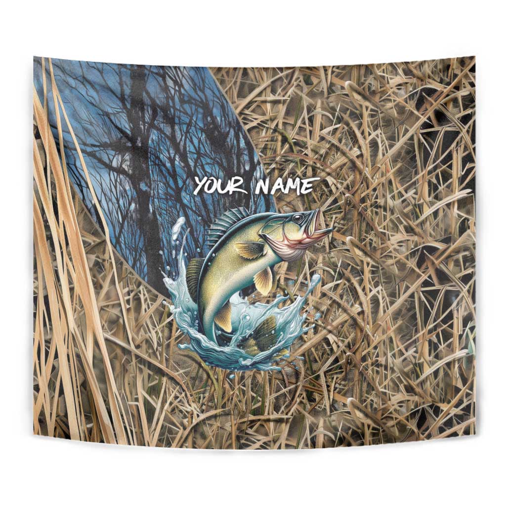 Personalized Walleye Splash Tapestry Camo Reeds and Night Forest Fishing Theme TS04
