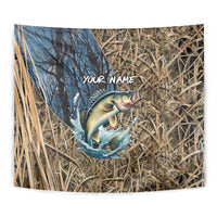 Personalized Walleye Splash Tapestry Camo Reeds and Night Forest Fishing Theme TS04