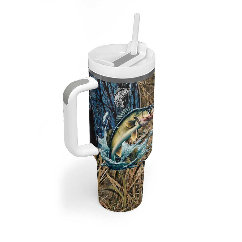 Personalized Walleye Splash Tumbler With Handle Camo Reeds and Night Forest Fishing Theme - Wonder Print Shop