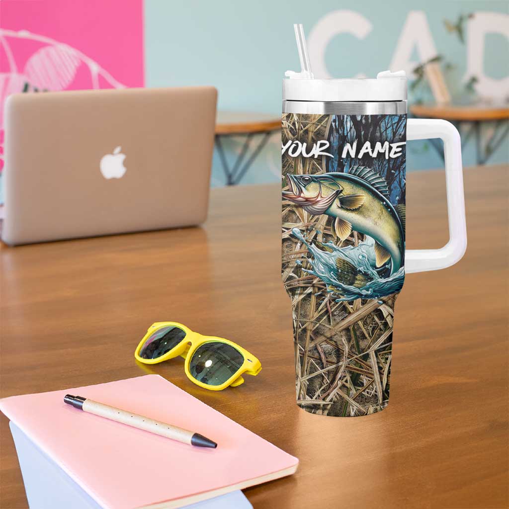 Personalized Walleye Splash Tumbler With Handle Camo Reeds and Night Forest Fishing Theme - Wonder Print Shop