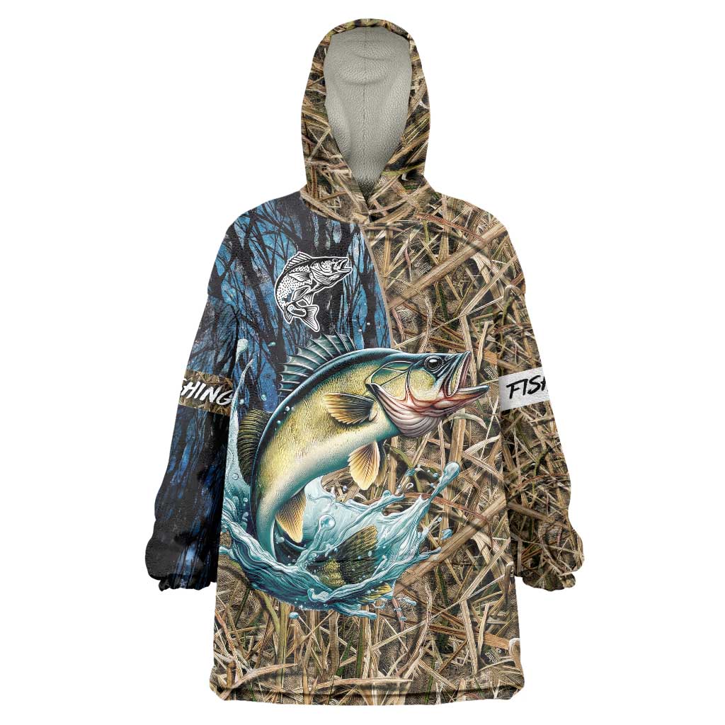 Personalized Walleye Splash Wearable Blanket Hoodie Camo Reeds and Night Forest Fishing Theme - Wonder Print Shop