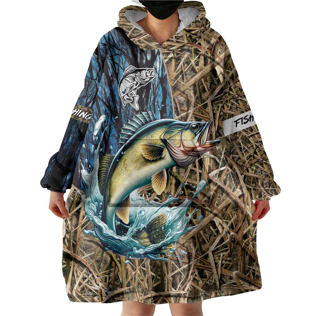 Personalized Walleye Splash Wearable Blanket Hoodie Camo Reeds and Night Forest Fishing Theme - Wonder Print Shop