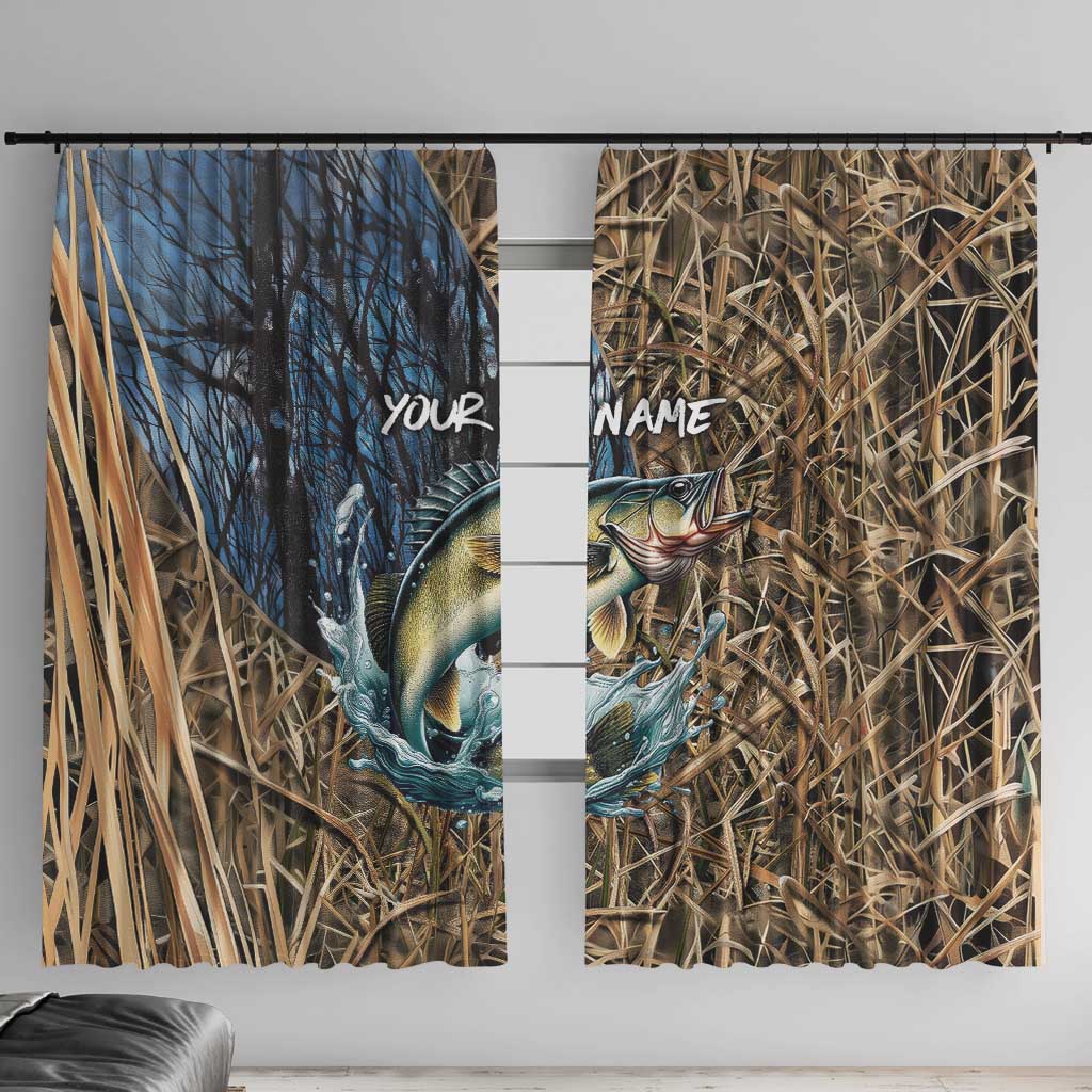 Personalized Walleye Splash Window Curtain Camo Reeds and Night Forest Fishing Theme TS04