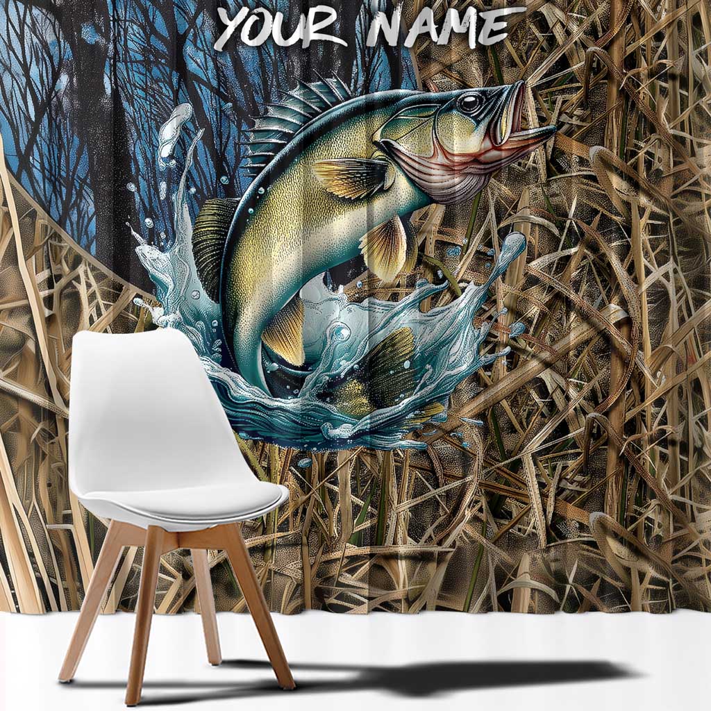 Personalized Walleye Splash Window Curtain Camo Reeds and Night Forest Fishing Theme TS04