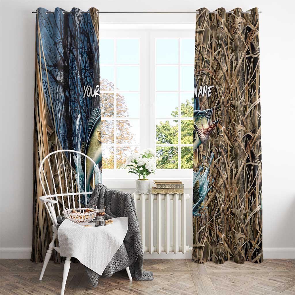 Personalized Walleye Splash Window Curtain Camo Reeds and Night Forest Fishing Theme TS04