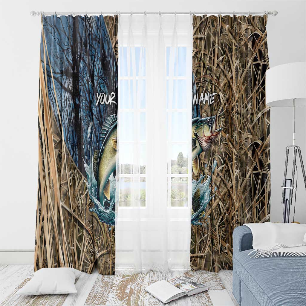 Personalized Walleye Splash Window Curtain Camo Reeds and Night Forest Fishing Theme TS04
