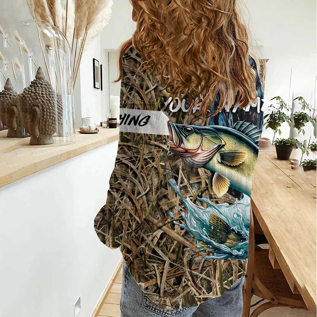 Personalized Walleye Splash Women Casual Shirt Camo Reeds and Night Forest Fishing Theme - Wonder Print Shop