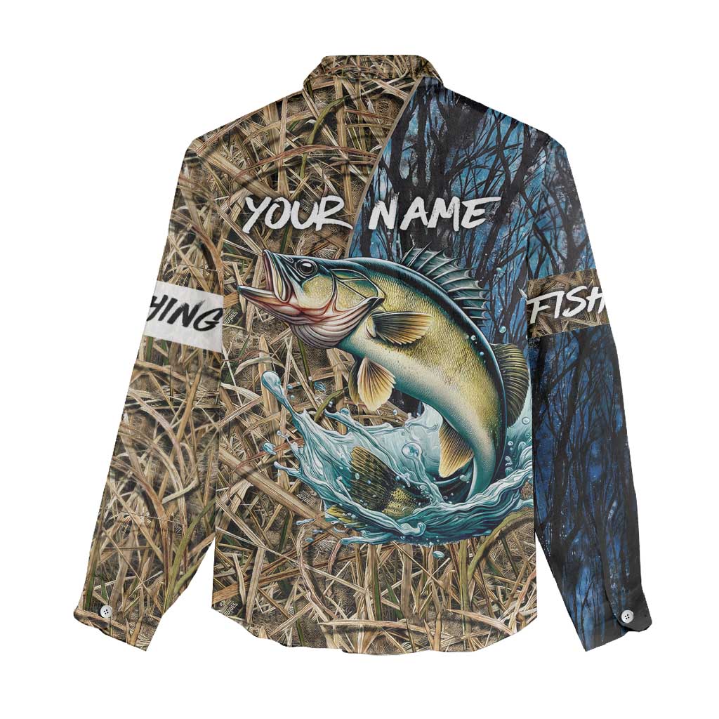Personalized Walleye Splash Women Casual Shirt Camo Reeds and Night Forest Fishing Theme - Wonder Print Shop
