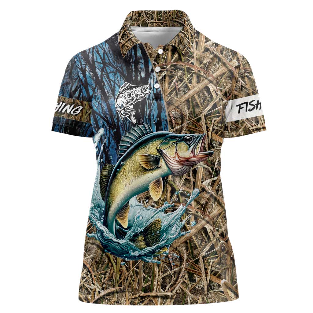 Personalized Walleye Splash Women Polo Shirt Camo Reeds and Night Forest Fishing Theme - Wonder Print Shop