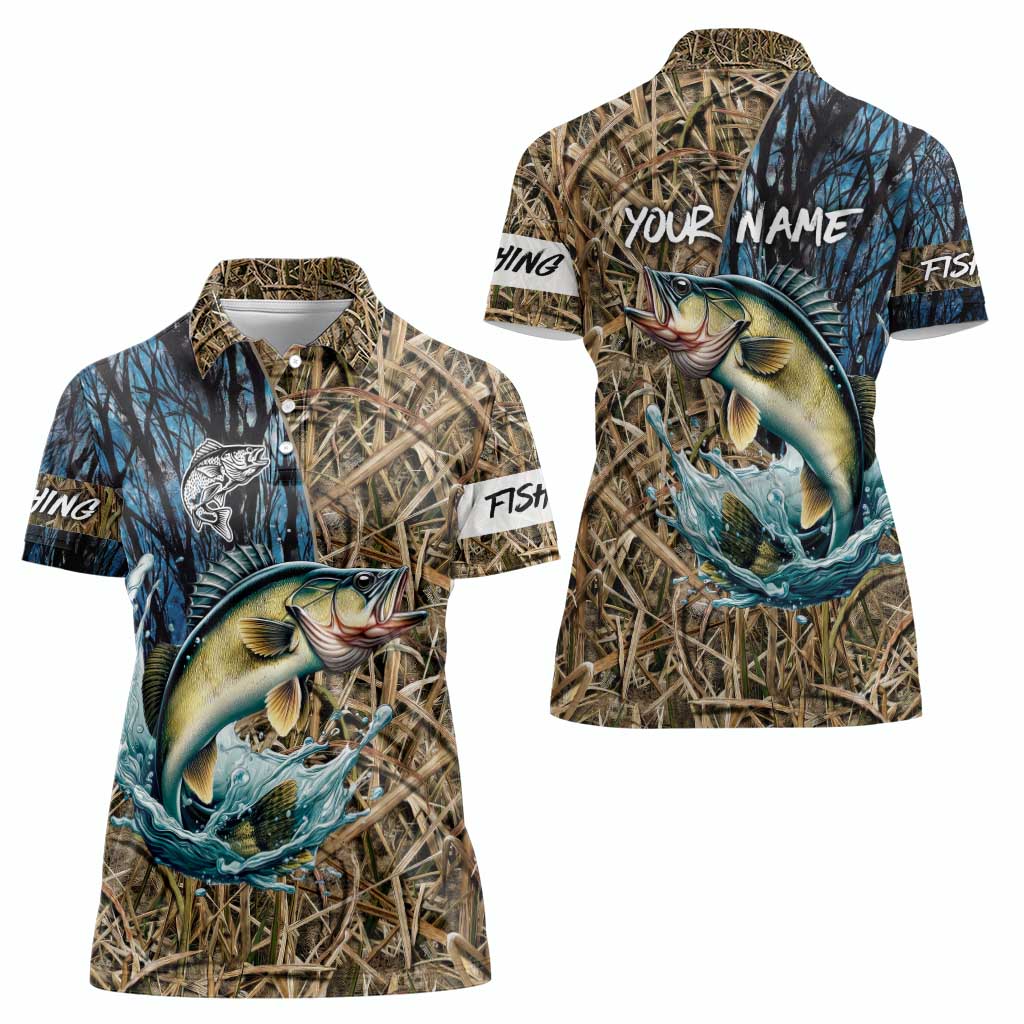 Personalized Walleye Splash Women Polo Shirt Camo Reeds and Night Forest Fishing Theme - Wonder Print Shop