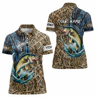 Personalized Walleye Splash Women Polo Shirt Camo Reeds and Night Forest Fishing Theme - Wonder Print Shop