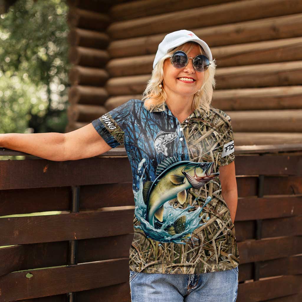 Personalized Walleye Splash Women Polo Shirt Camo Reeds and Night Forest Fishing Theme - Wonder Print Shop