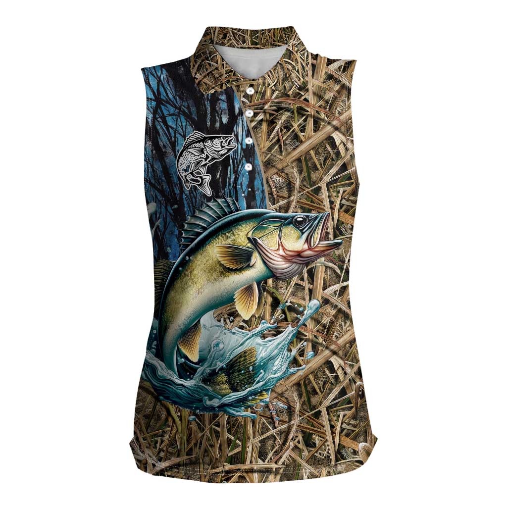 Personalized Walleye Splash Women Sleeveless Polo Shirt Camo Reeds and Night Forest Fishing Theme - Wonder Print Shop