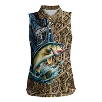 Personalized Walleye Splash Women Sleeveless Polo Shirt Camo Reeds and Night Forest Fishing Theme - Wonder Print Shop