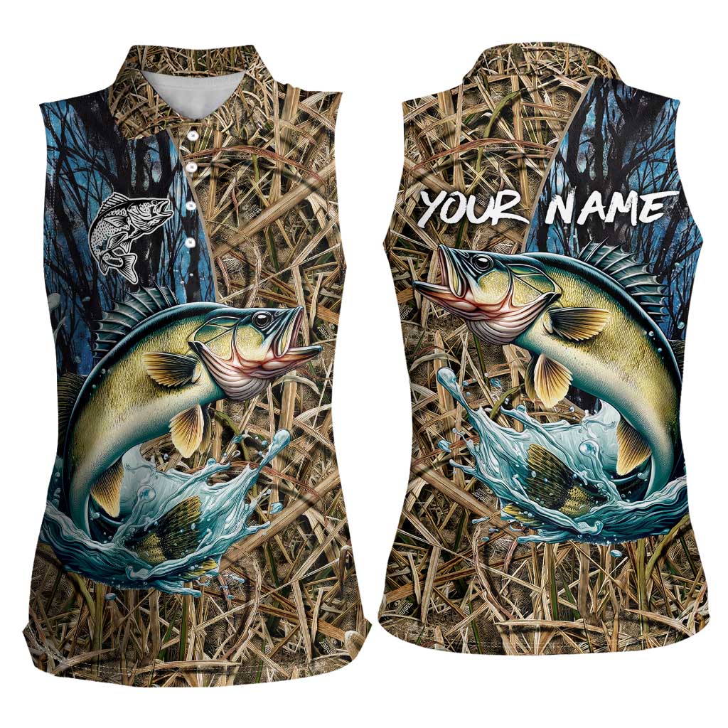 Personalized Walleye Splash Women Sleeveless Polo Shirt Camo Reeds and Night Forest Fishing Theme - Wonder Print Shop