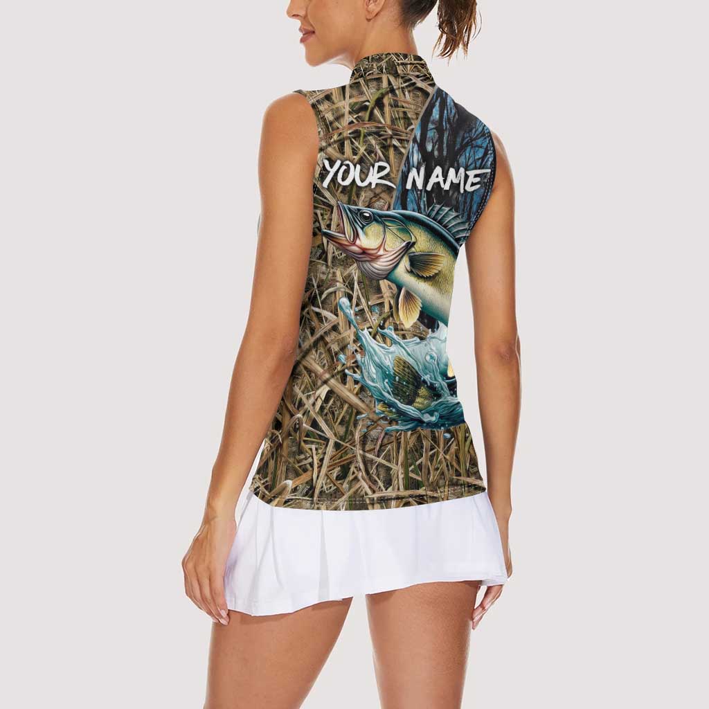 Personalized Walleye Splash Women Sleeveless Polo Shirt Camo Reeds and Night Forest Fishing Theme - Wonder Print Shop