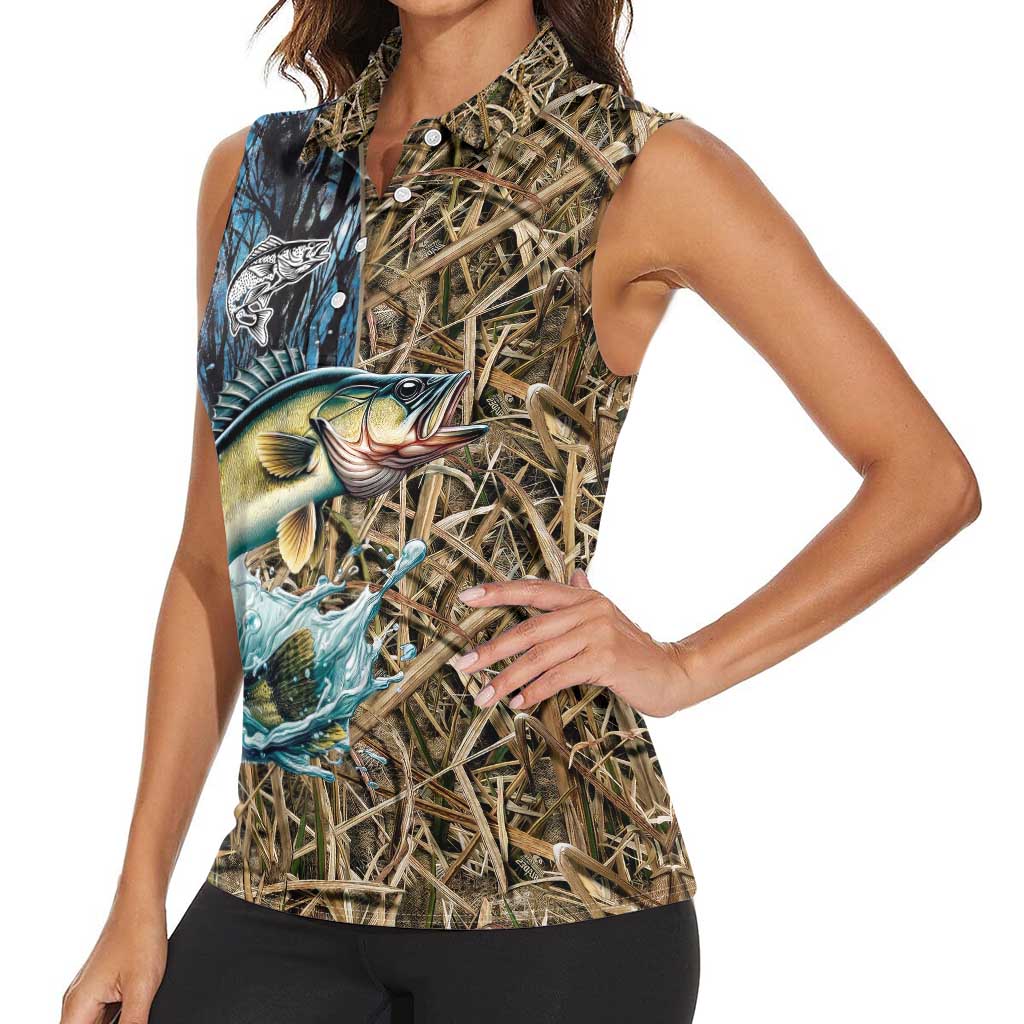 Personalized Walleye Splash Women Sleeveless Polo Shirt Camo Reeds and Night Forest Fishing Theme - Wonder Print Shop
