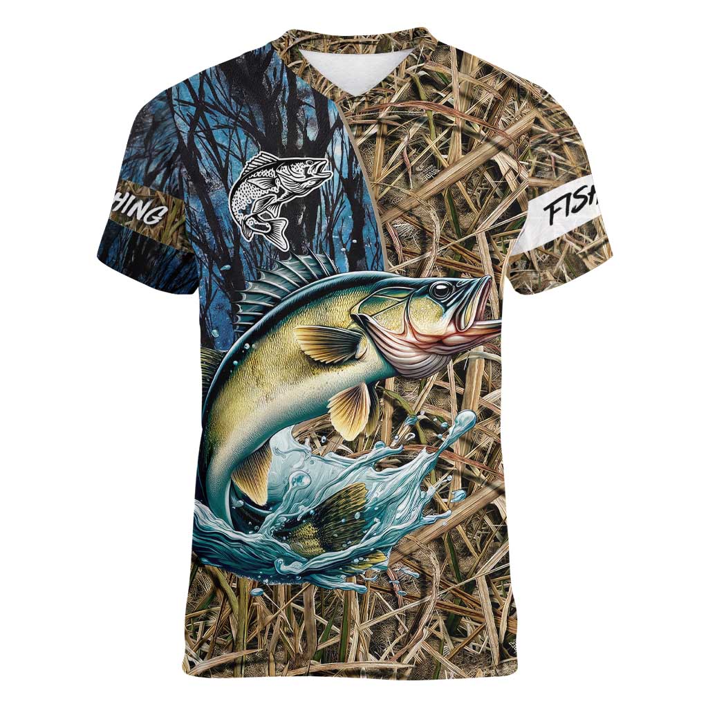 Personalized Walleye Splash Women V-Neck T-Shirt Camo Reeds and Night Forest Fishing Theme - Wonder Print Shop